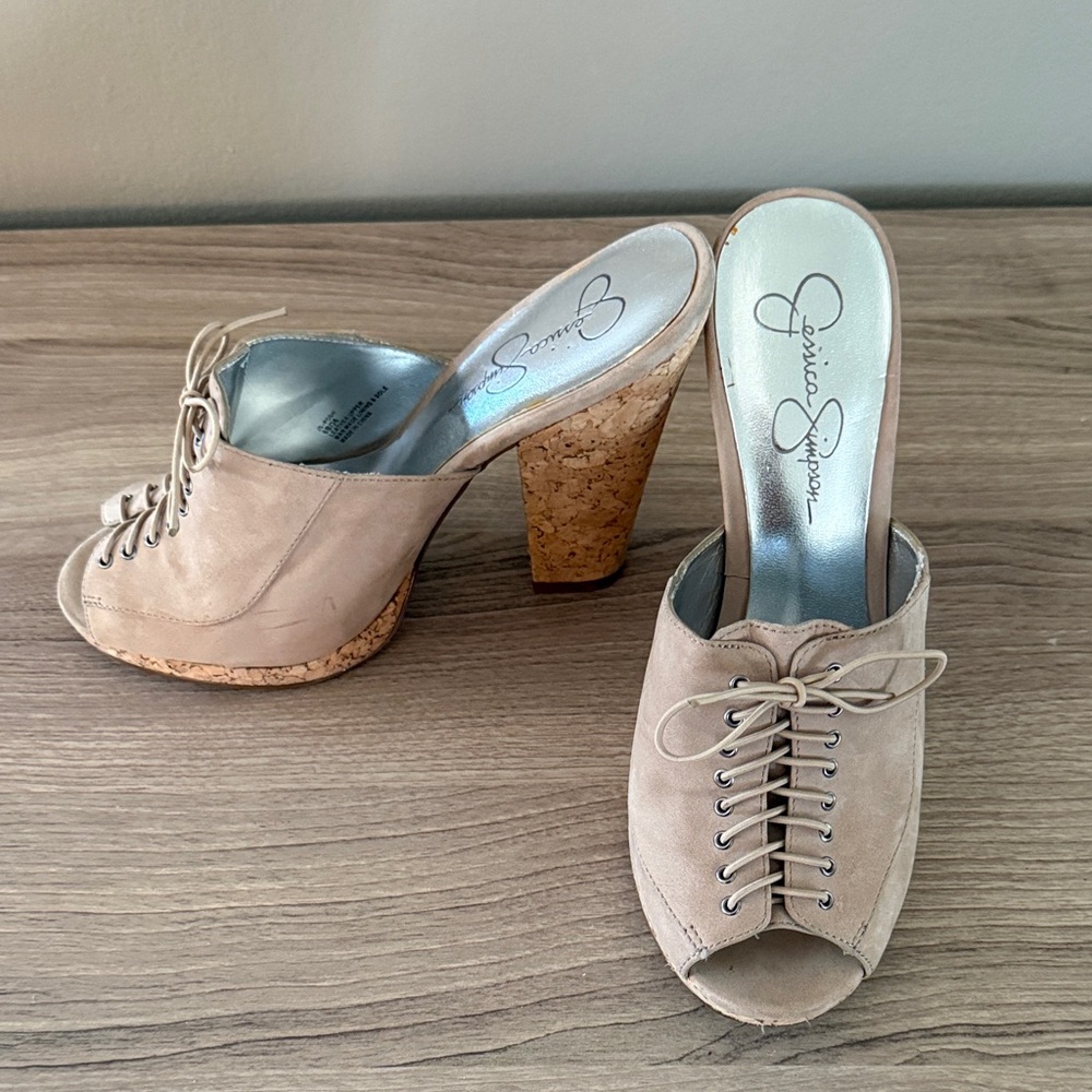 Jessica Simpson Taupe, Lace-Up Mules, size 6
